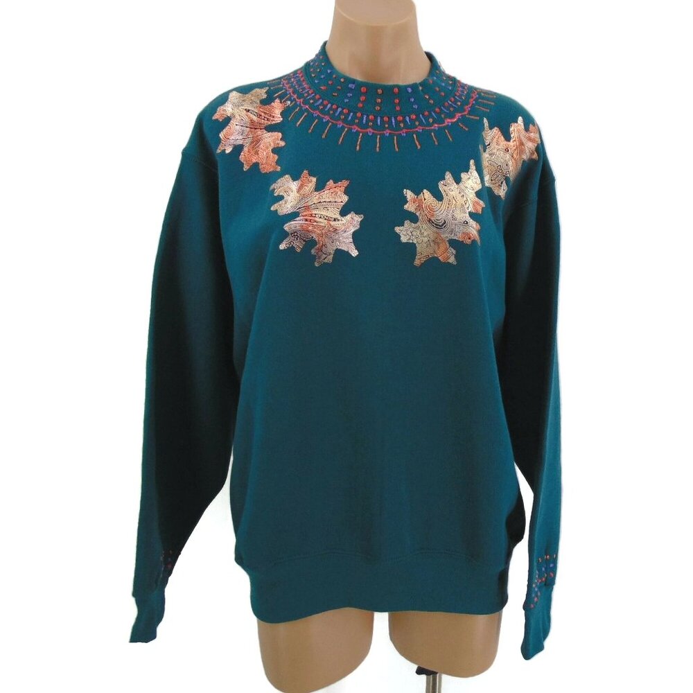 BVD Vintage DIY Puff Paint Applique Sweatshirt M Foil Oak Leaves Grandma Granny